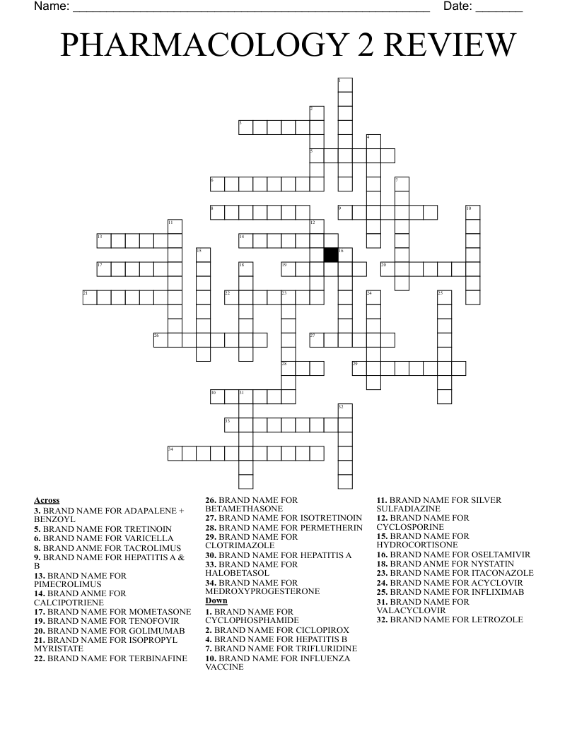 PHARMACOLOGY 2 REVIEW Crossword