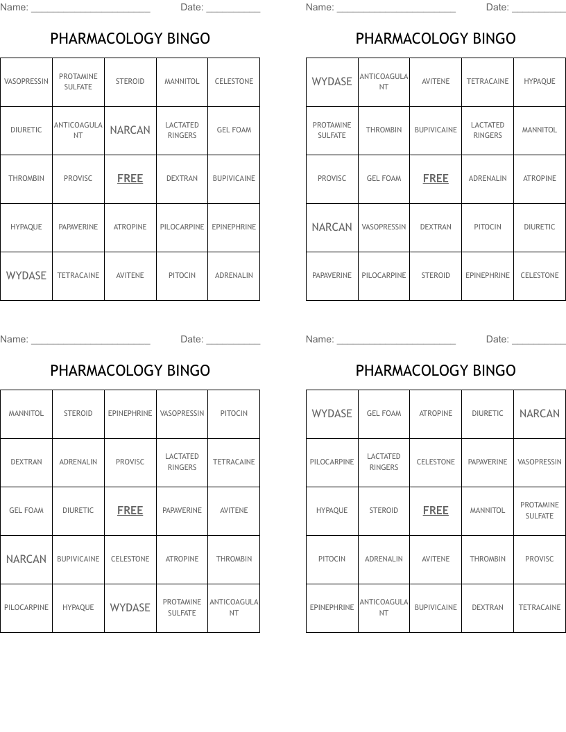PHARMACOLOGY BINGO