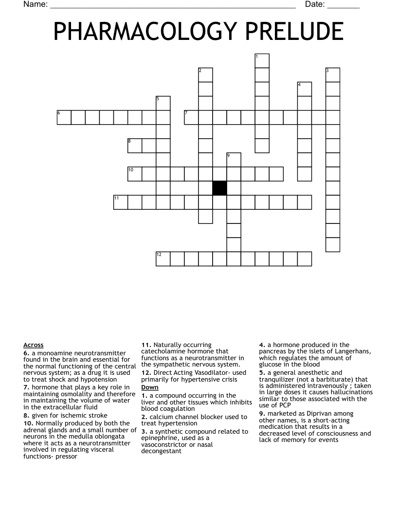 PHARMACOLOGY PRELUDE Crossword