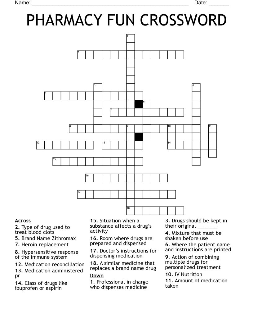 PHARMACY FUN CROSSWORD