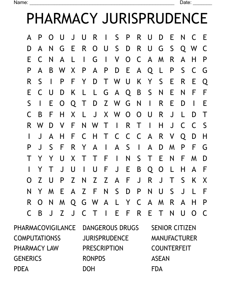 PHARMACY JURISPRUDENCE Word Search