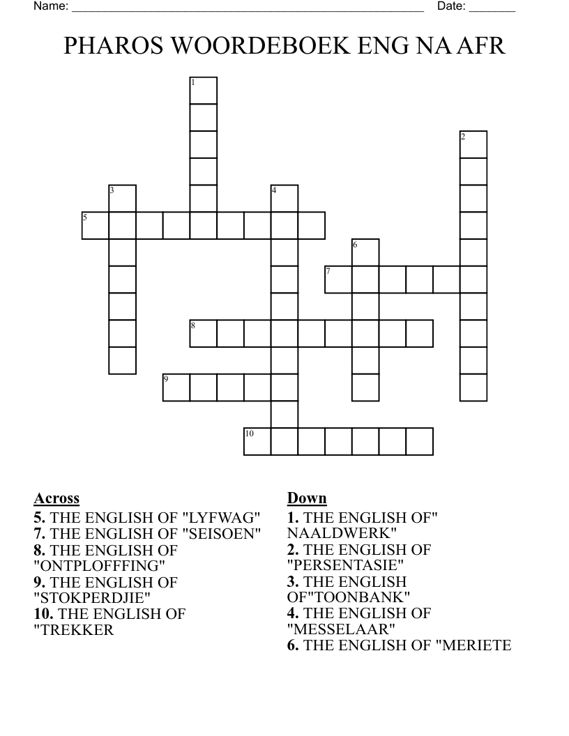 PHAROS WOORDEBOEK  ENG NA AFR Crossword