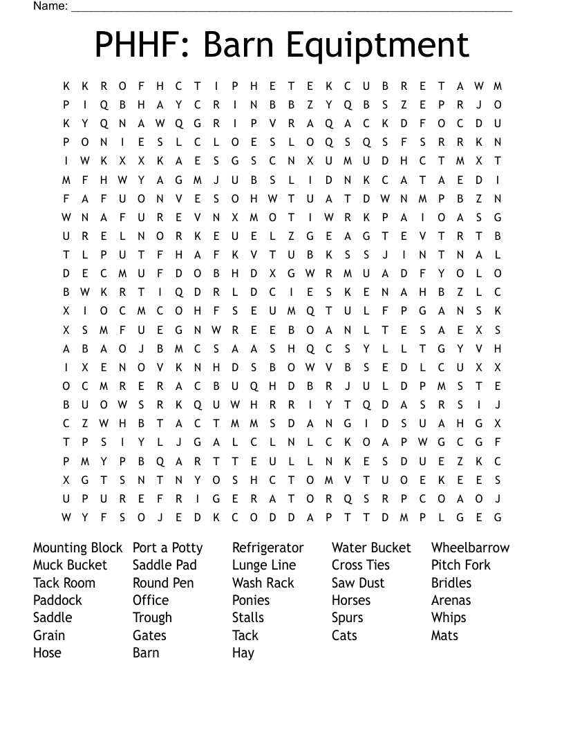 PHHF: Barn Equiptment Word Search