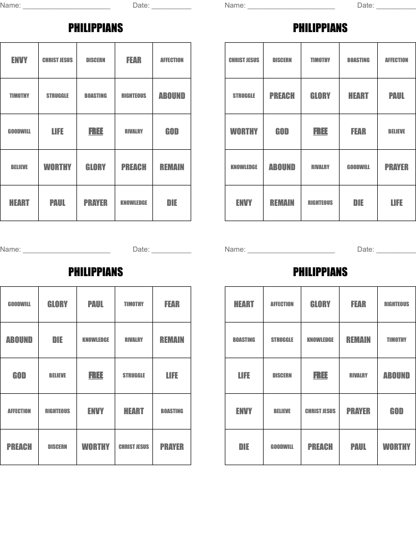 PHILIPPIANS Bingo Cards