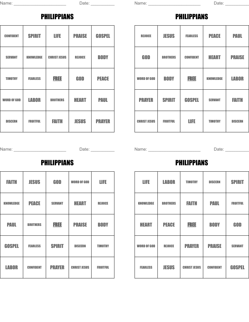 PHILIPPIANS Bingo Cards