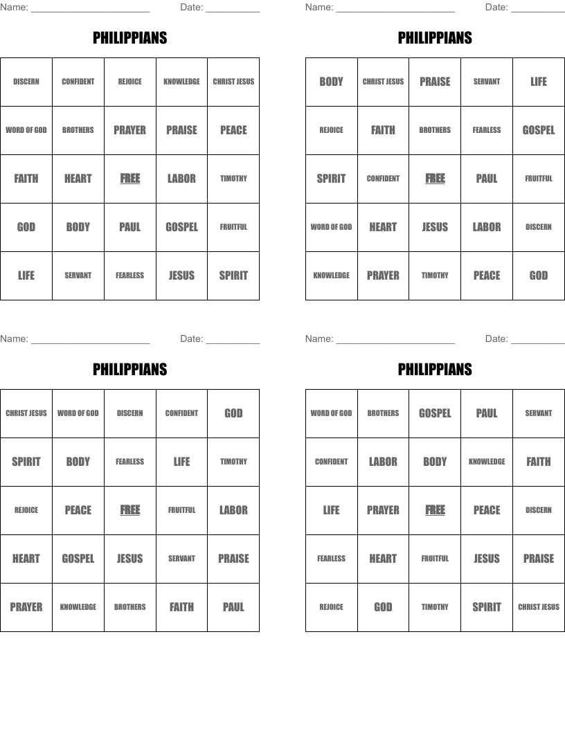 PHILIPPIANS Bingo Cards
