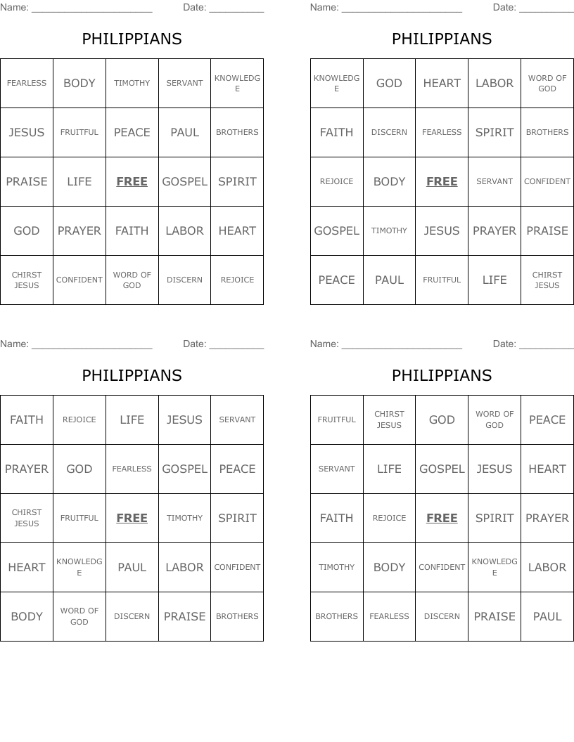 PHILIPPIANS Bingo Cards