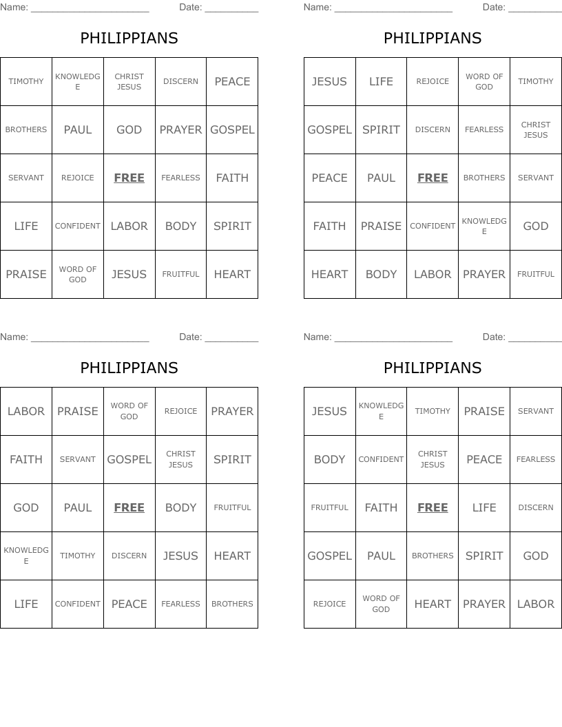 PHILIPPIANS Bingo Cards