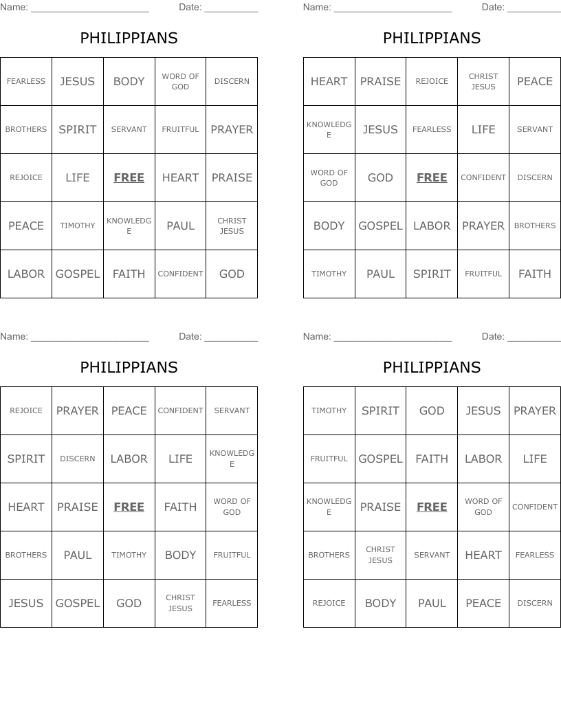 PHILIPPIANS Bingo Cards