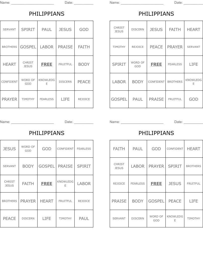 PHILIPPIANS Bingo Cards