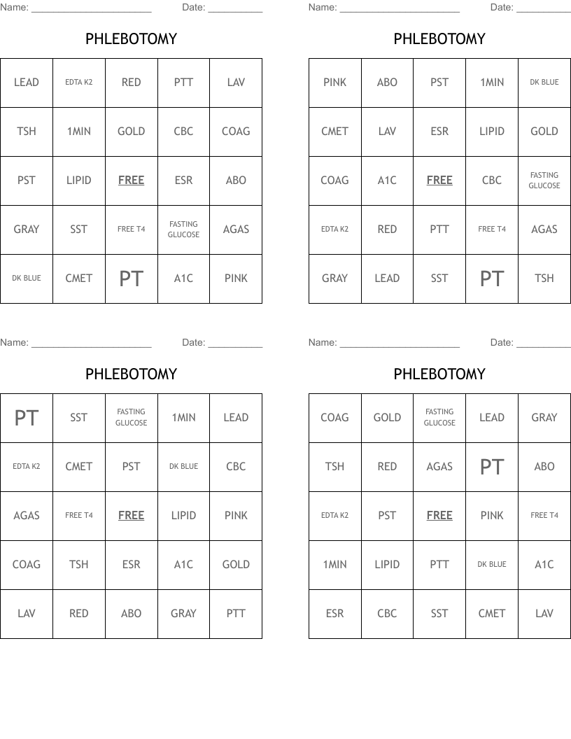 PHLEBOTOMY Bingo Cards