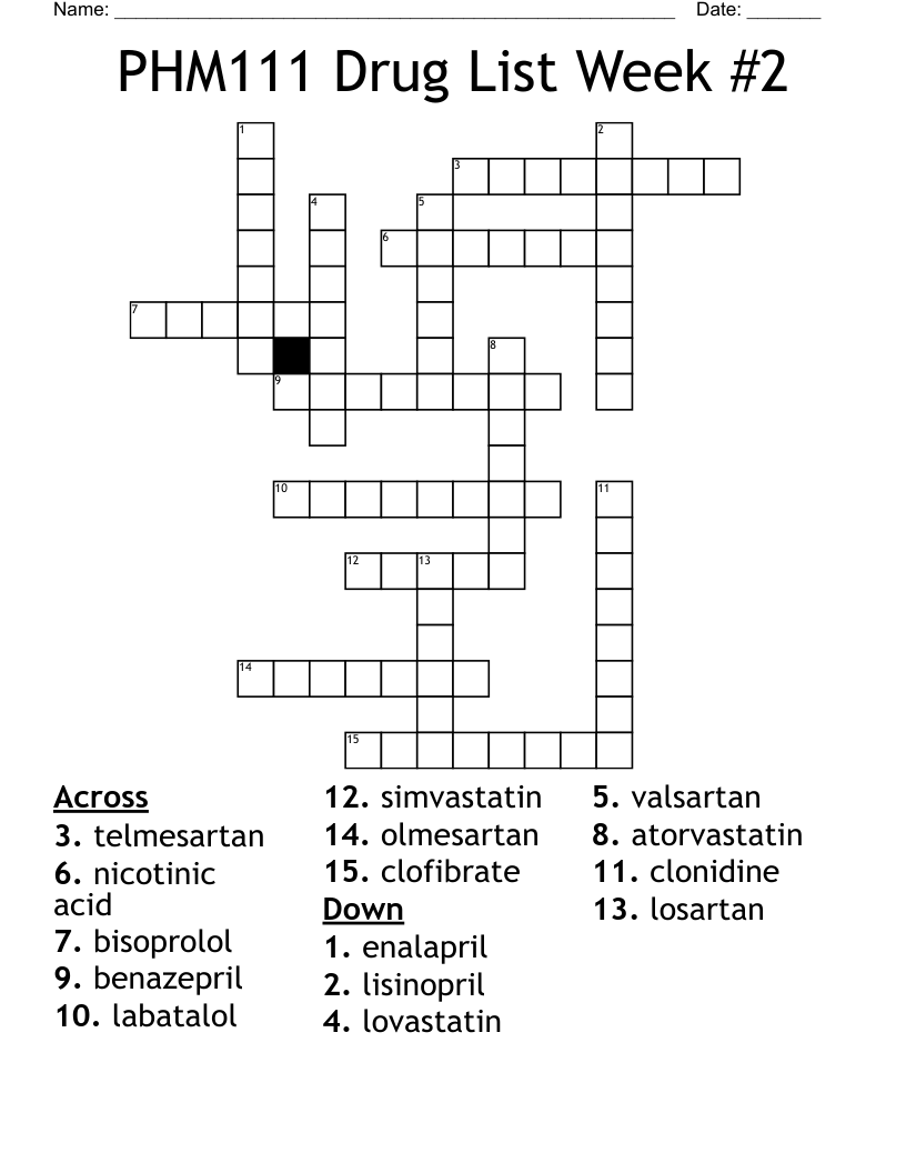 PHM111 Drug List Week #2 Crossword