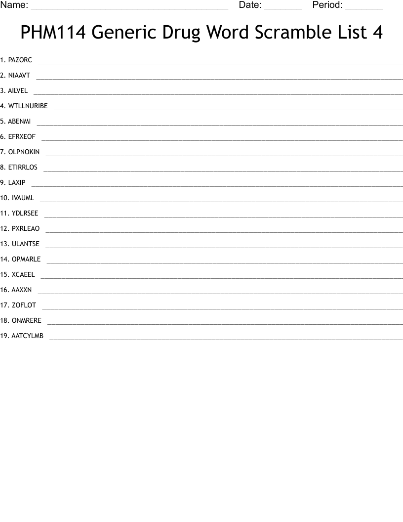 PHM114 Generic Drug Word Scramble List 4