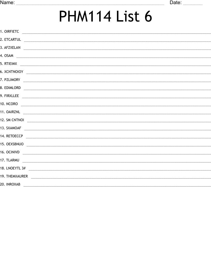 PHM114 List 6 Word Scramble