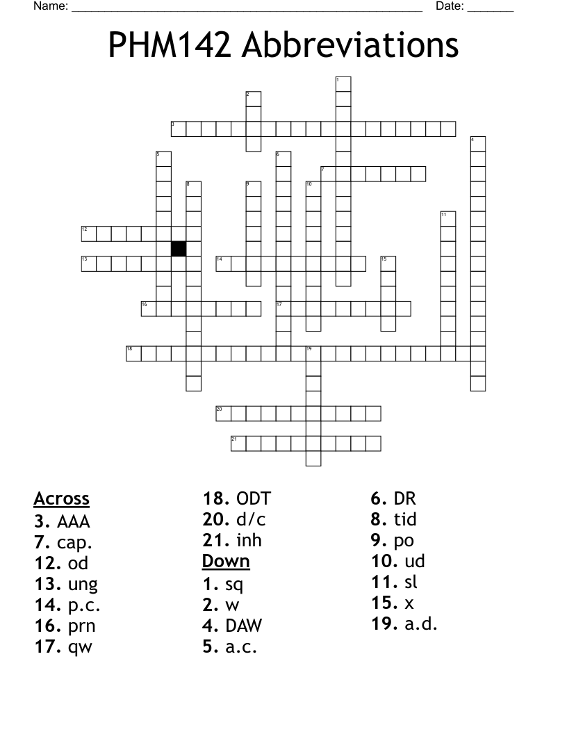 PHM142 Abbreviations Crossword
