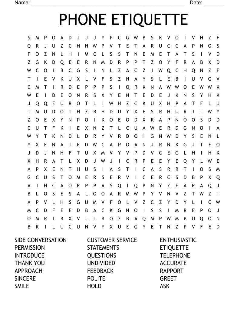 PHONE ETIQUETTE Word Search