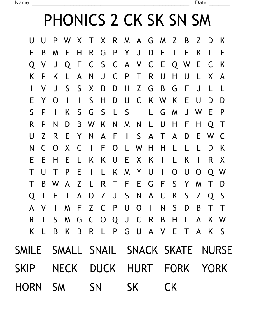 PHONICS 2 CK SK SN SM Word Search