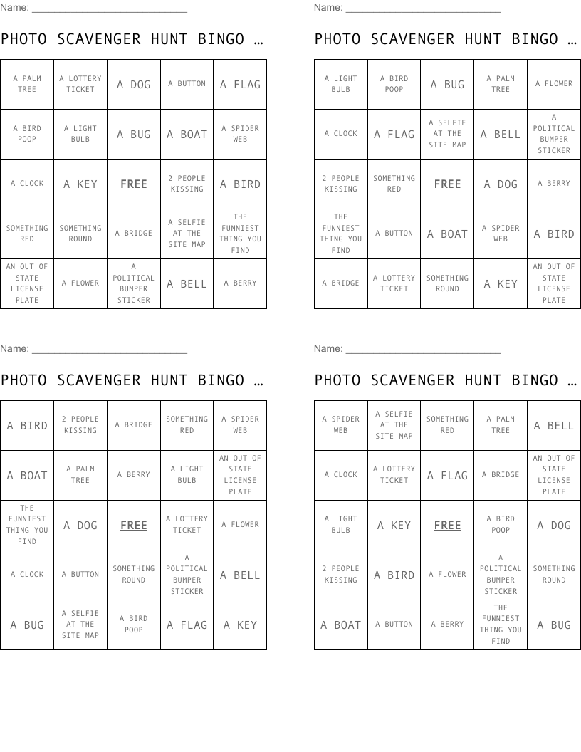 PHOTO SCAVENGER HUNT BINGO FOR TICKETS