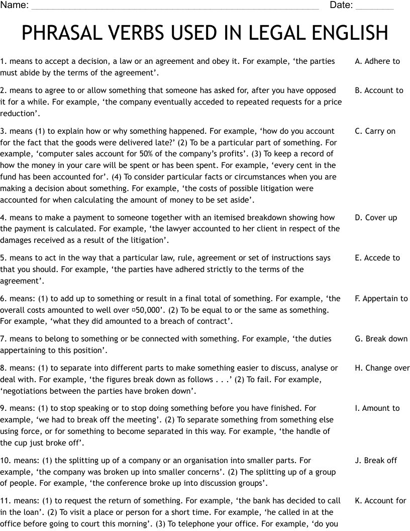 PHRASAL VERBS USED IN LEGAL ENGLISH Worksheet