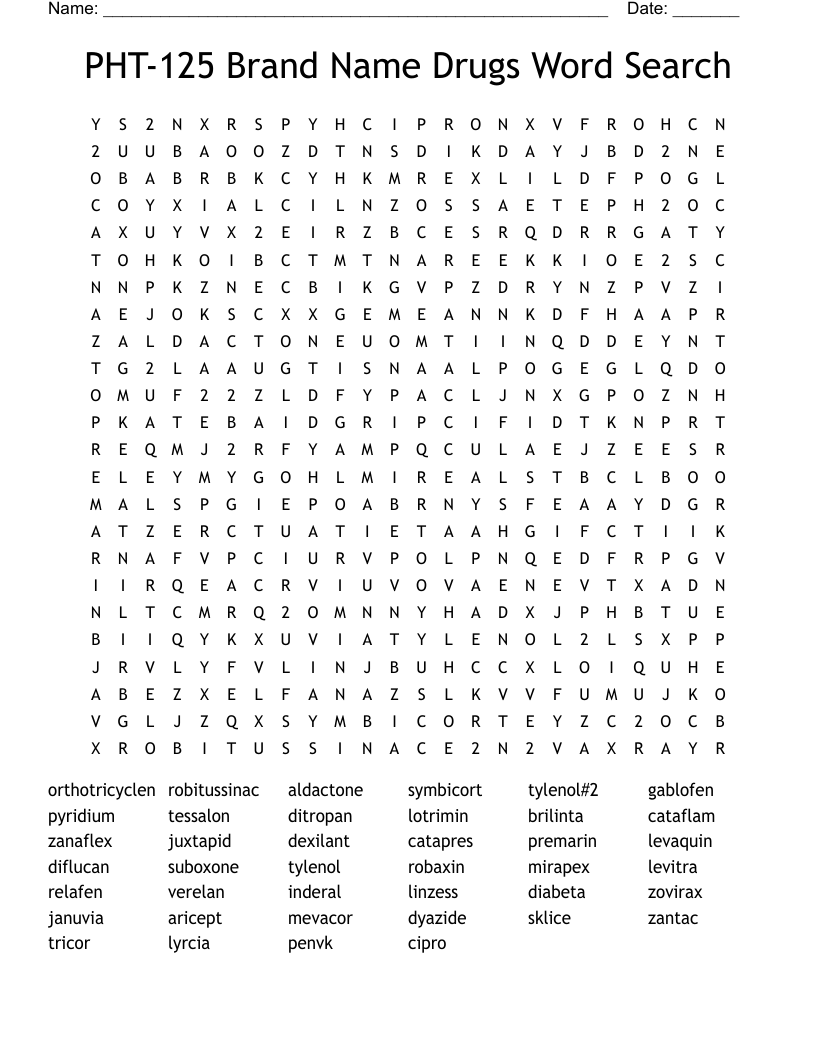 PHT-125 Brand Name Drugs Word Search