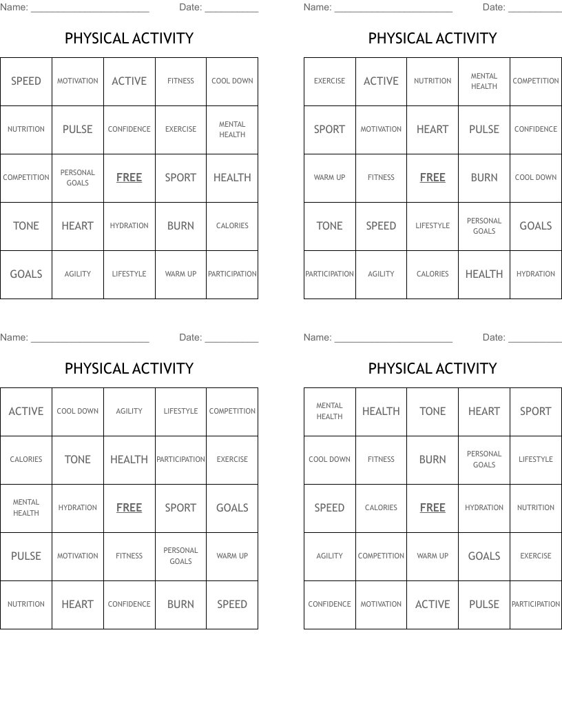 PHYSICAL ACTIVITY  Bingo Cards