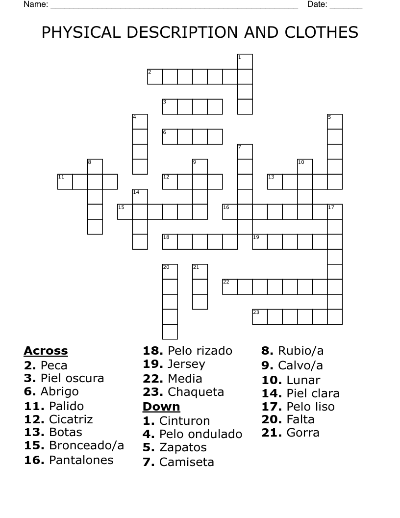 PHYSICAL DESCRIPTION AND CLOTHES Crossword