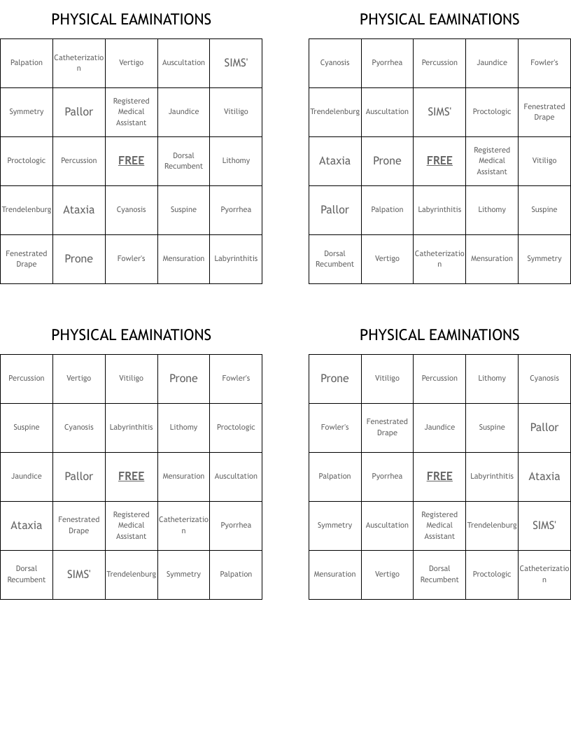 PHYSICAL EAMINATIONS Bingo Cards
