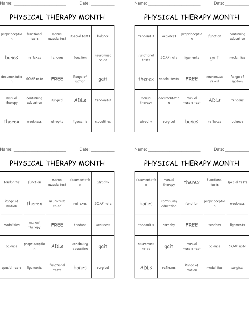 PHYSICAL THERAPY MONTH Bingo Cards