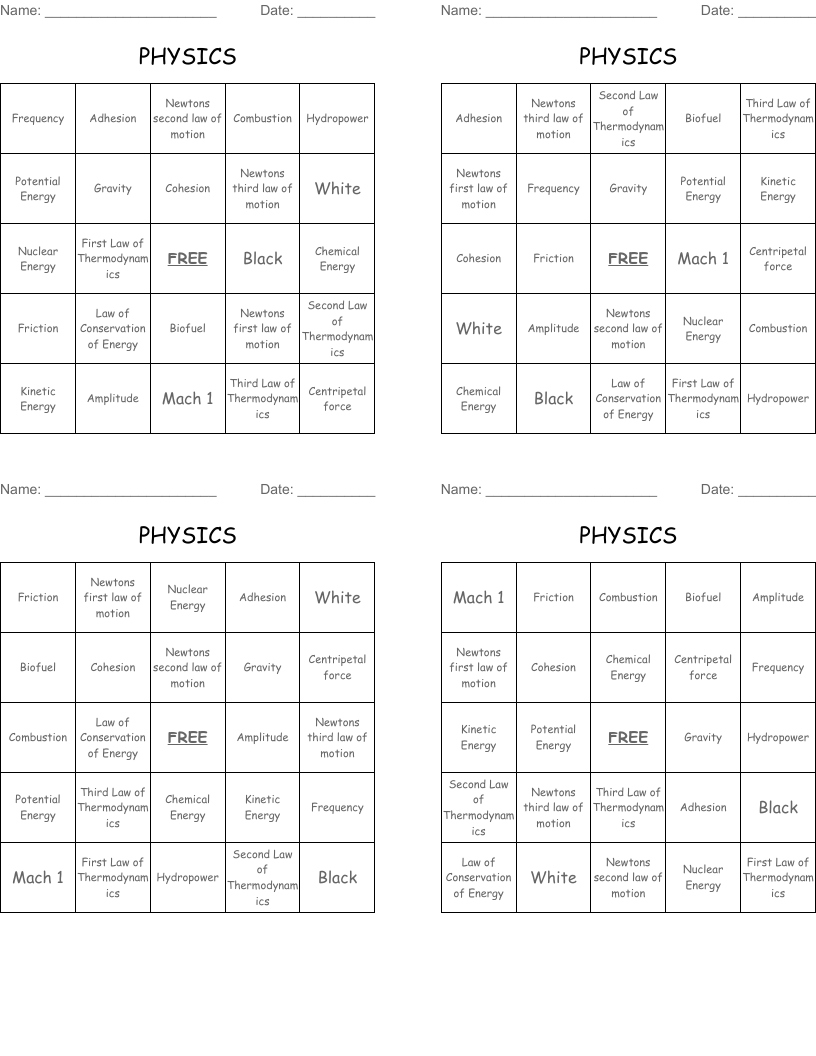 PHYSICS Bingo Cards