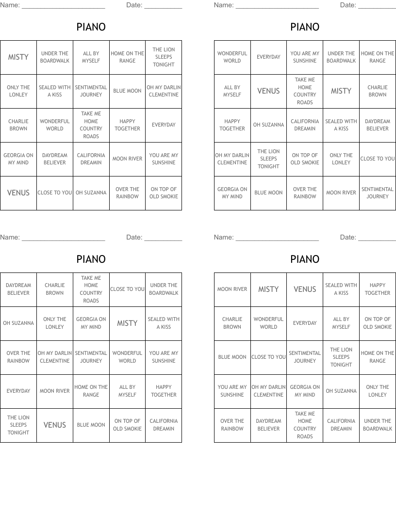 PIANO Bingo Cards