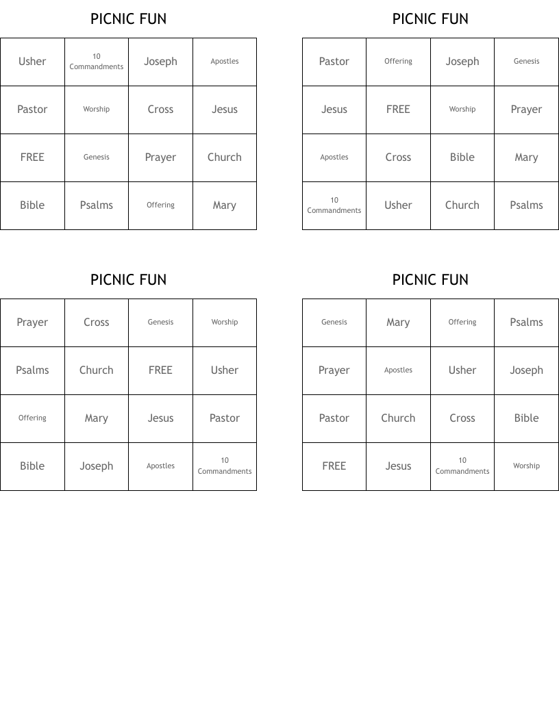 PICNIC FUN Bingo Cards