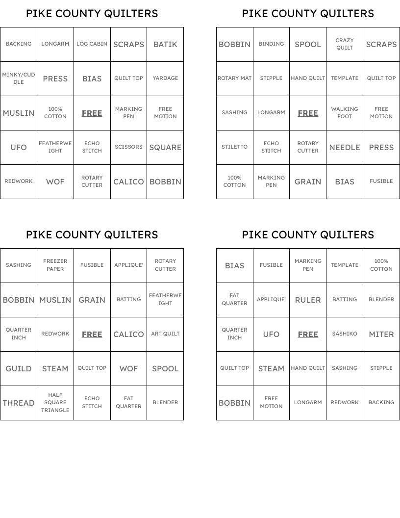 PIKE COUNTY QUILTERS Bingo Cards