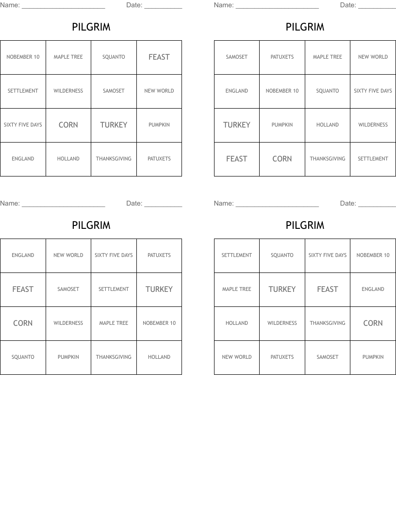 PILGRIM Bingo Cards