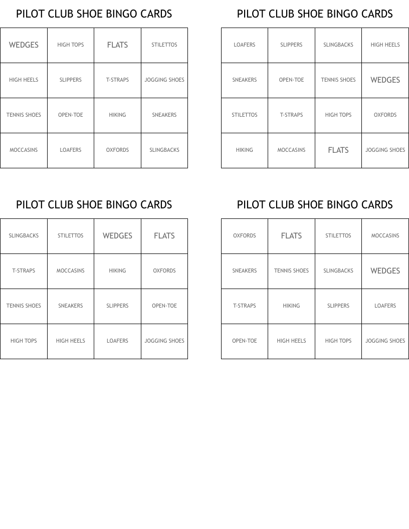 PILOT CLUB SHOE BINGO CARDS