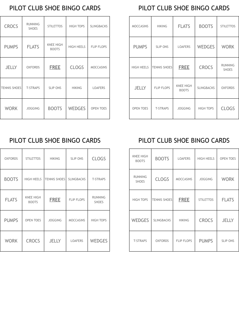 PILOT CLUB SHOE BINGO CARDS