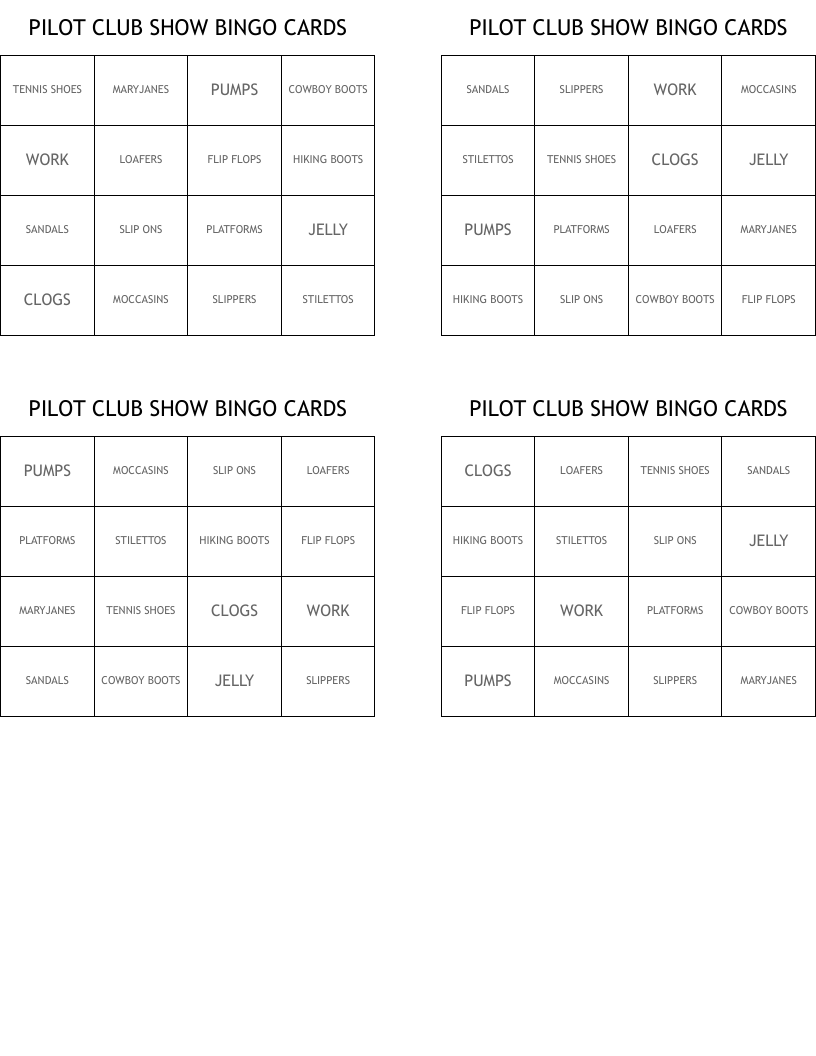 PILOT CLUB SHOW BINGO CARDS