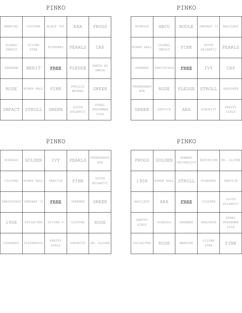 PINKO Bingo Cards