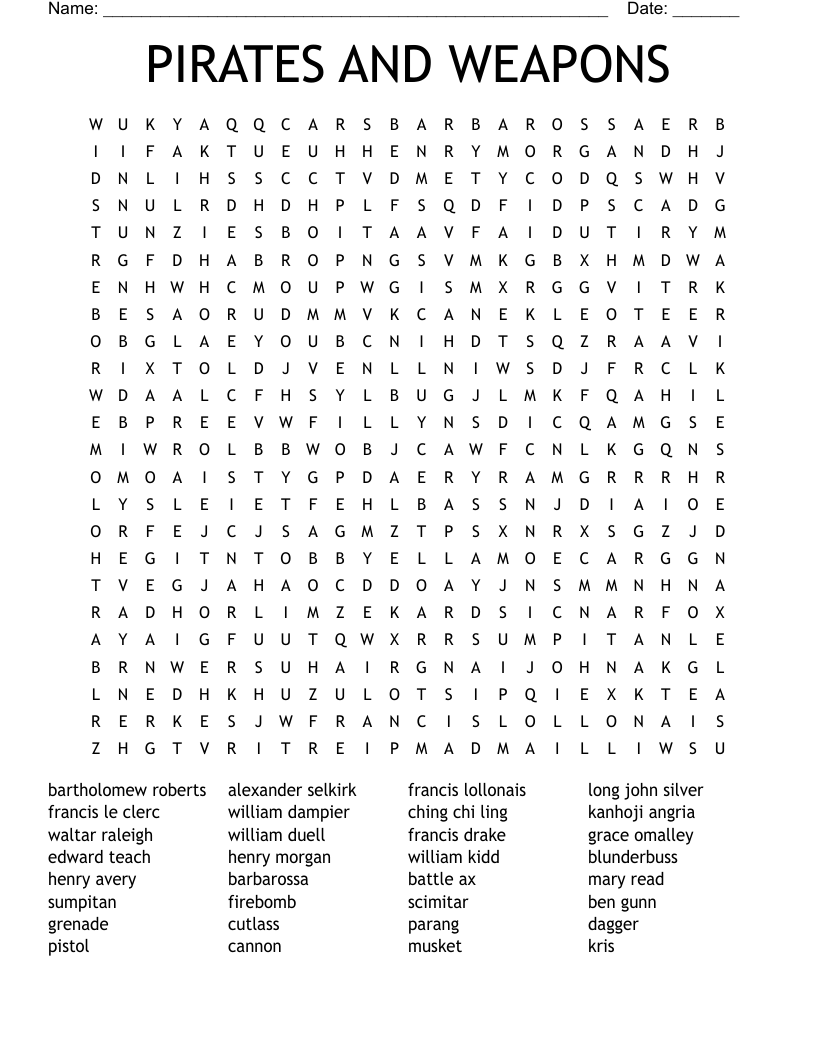 PIRATES AND WEAPONS Word Search