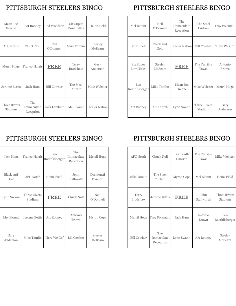PITTSBURGH STEELERS BINGO