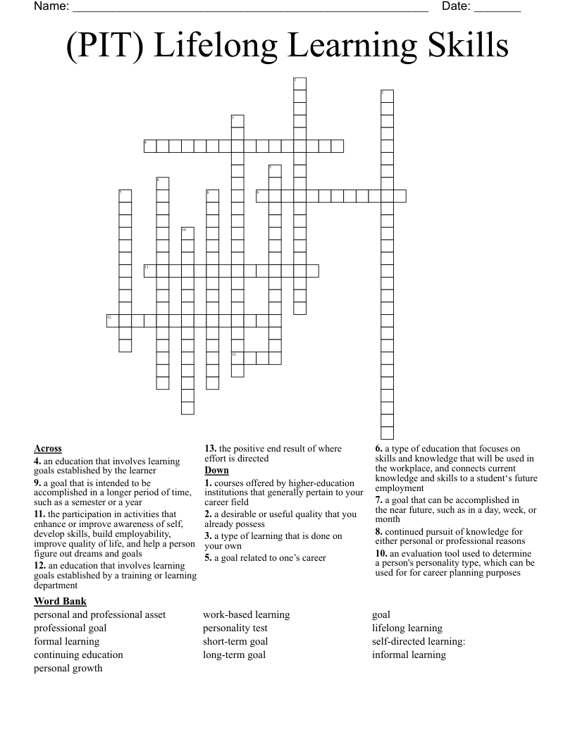 (PIT) Lifelong Learning Skills Crossword