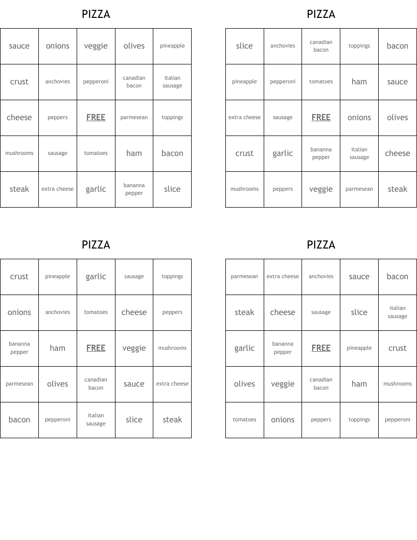 PIZZA Bingo Cards