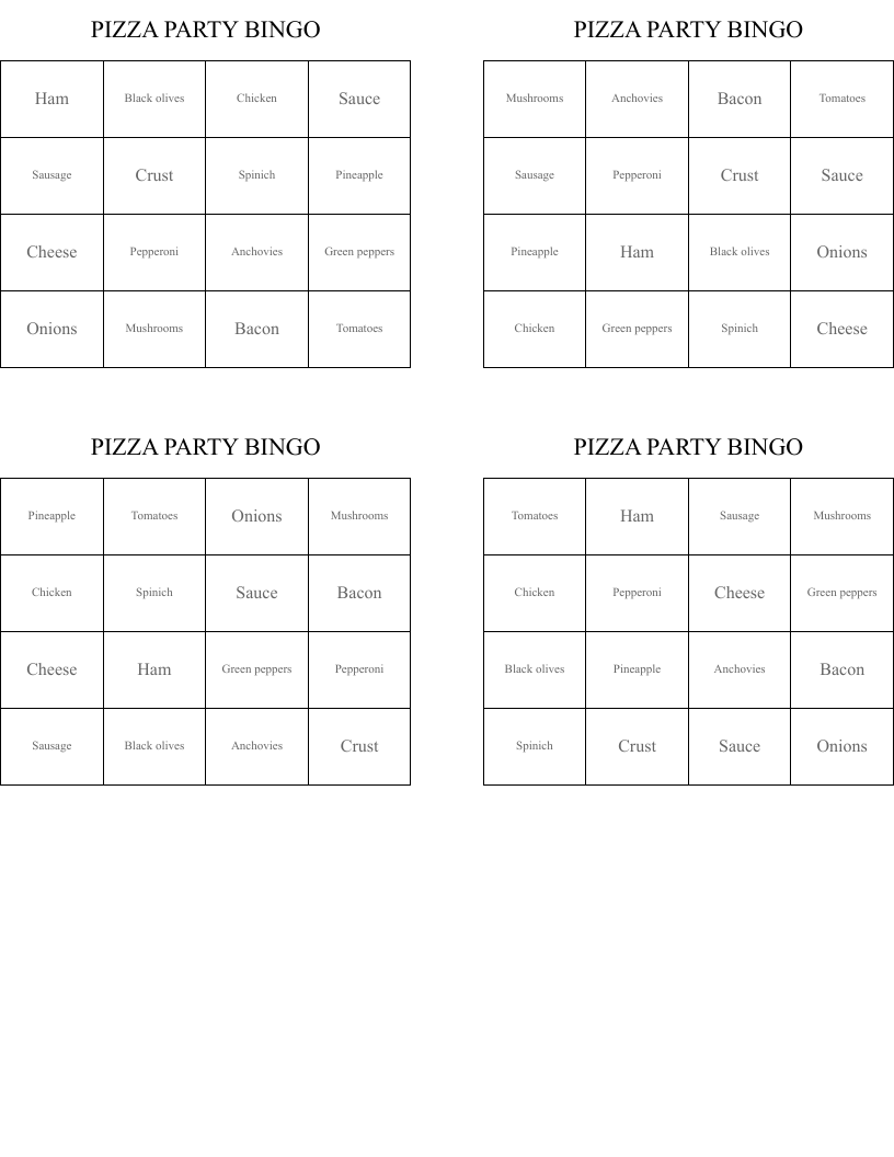 PIZZA PARTY BINGO
