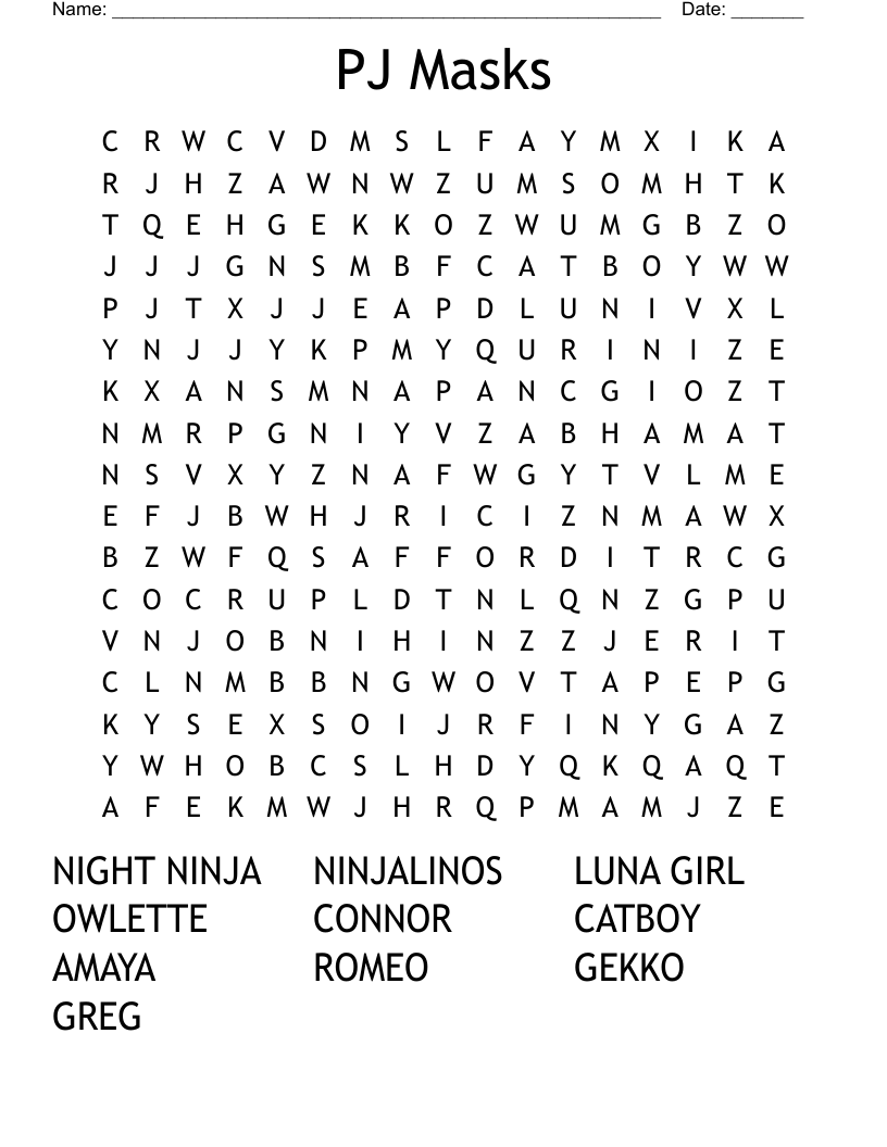PJ Masks Word Search