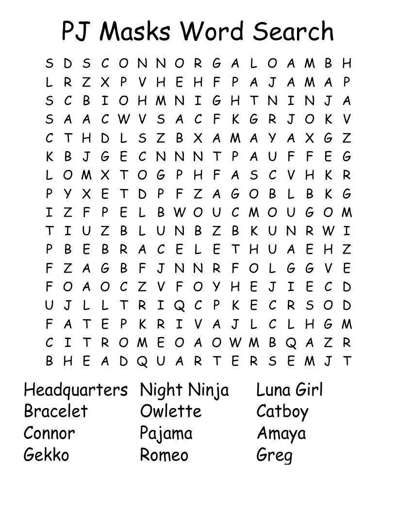 PJ Masks Word Search