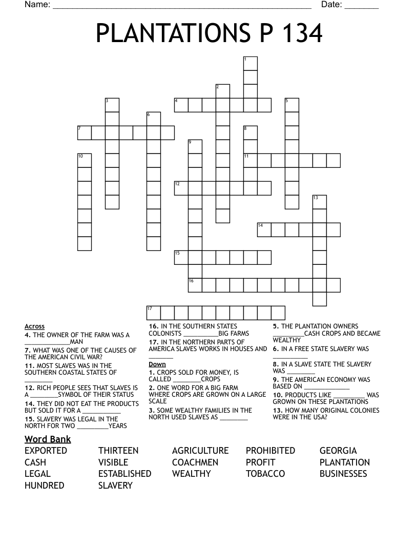PLANTATIONS  P  134 Crossword