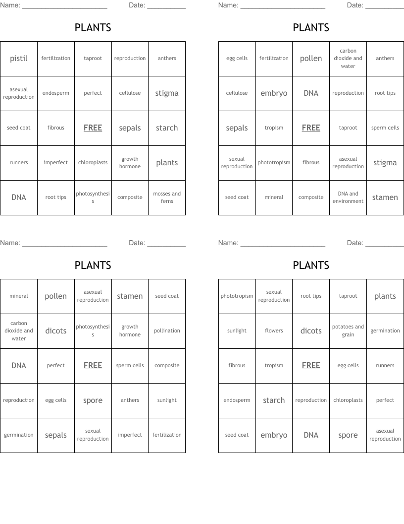 PLANTS Bingo Cards