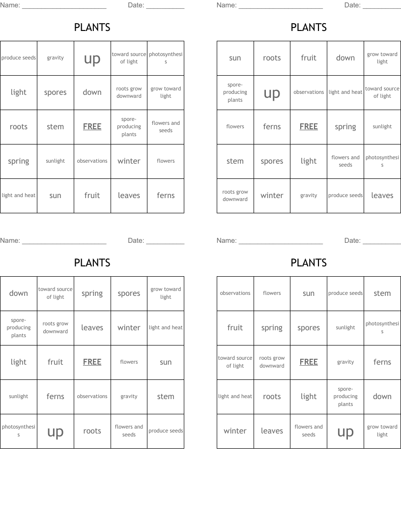 PLANTS Bingo Cards