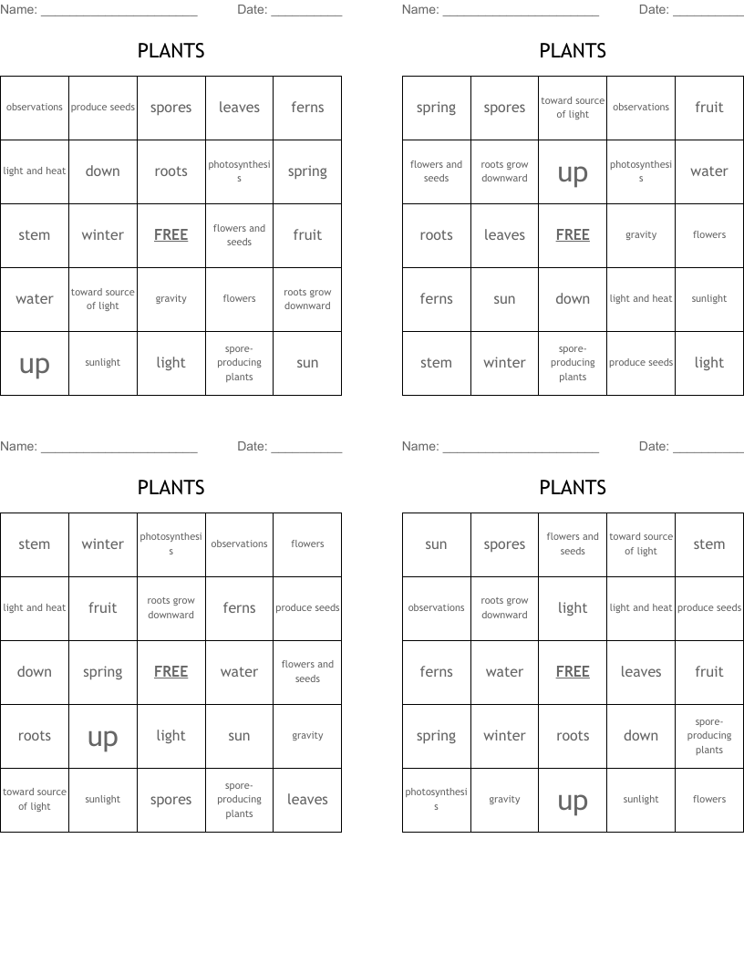 PLANTS Bingo Cards
