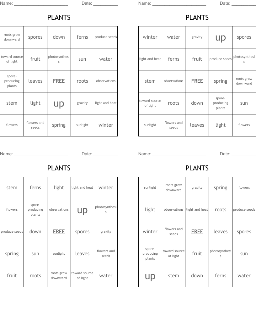 PLANTS Bingo Cards