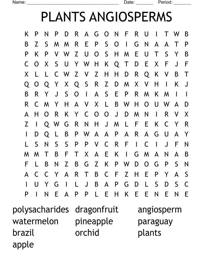 PLANTS  ANGIOSPERMS Word Search
